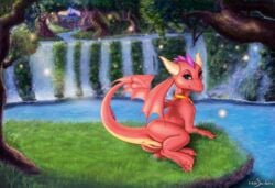 anthro anthro_only anus ass blue_eyes clitoris dragon ember_(spyro) female feral grass heart horn lake light looking_at_viewer nature necklace outside paws pink_skin pussy saebira scalie solo spade_tail spyro_the_dragon tree video_games waterfall wings