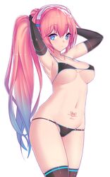 1girls bikini blue_eyes dev female gradient_hair headphones long_hair looking_at_viewer megurine_luka micro_vikini navel pink_hair ponytail shiny_skin sideboob solo swimsuit tattoo thighhighs tied_hair underboob vocaloid