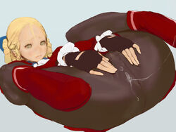 blonde_hair crotch_seam cum cumdrip curly_hair female frilled_sleeves frills gloves green_eyes karin_kanzuki lying mumaya on_back pantyhose simple_background street_fighter tagme