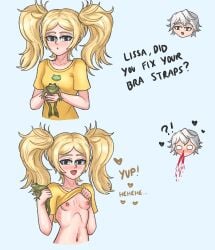 1boy 1girls before_and_after blonde_hair blush bra_strap_is_showing_(meme) dialogue female fire_emblem fire_emblem_awakening flashing lissa_(fire_emblem) male meme nintendo nosebleed poyodaboyo robin_(fire_emblem) robin_(fire_emblem)_(male) small_breasts text trend twintails