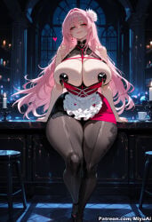 1girl ai_assisted ai_generated apron bare_shoulders black_legwear breasts curvaceous curvy curvy_female curvy_figure dress female goddess_of_victory:_nikke high_heels huge_breasts long_hair looking_at_viewer miyuai mole pantyhose pink_hair sitting smile solo thick thick_ass thick_butt thick_hips thick_legs thick_thighs velvet_(nikke) voluptuous voluptuous_female waist_apron wide_hips wide_thighs