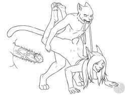 2014 anthro balls bottomless breasts cat closed_eyes clothed clothes collar crystal_(zoey03) cum cum_inside duo feline female from_behind half-dressed internal leash lynx male mammal nateday nude penetration penis sex sketch soup_(character) straight sweat wheelbarrow_position