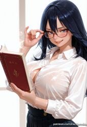 1girl adjusting_eyewear ai_generated bangs black_hair black_skirt blue_eyes blush book bra breasts button_gap cleavage collared_shirt dress_shirt fingernails glasses grin hair_between_eyes holding holding_book indoors kermixx large_breasts lips long_hair long_sleeves looking_at_viewer midnight_(my_hero_academia) my_hero_academia open_book parted_lips partially_unbuttoned see-through shiny shiny_hair shiny_skin shirt shirt_tucked_in skirt smile solo teeth underwear upper_body white_bra white_shirt window