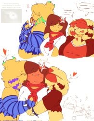 baker_(forsaken) blush blushing eating_pizza elliot_(forsaken) floating_headgear hearts holding_hand_grip red_face scene_hair scene_noob scenecore_elliot shocked speech_bubbles spike_bracelet text text_bubble women women_only yuri