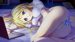 akino_takehiko ass bare_legs bed blonde_hair blue_eyes blush breasts clothed_masturbation clothing computer dark erect_nipples female femcum_under_clothes game_cg laptop long_hair lying masturbation masturbation_through_clothing no_bra on_bed on_side panties pussy_juice sasaki_hinahime smile solo striped striped_panties sumire_(game) t-shirt underboob underwear wet_panties