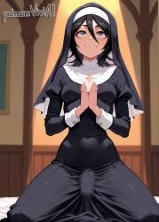 ai_generated black_dress black_hair bleach blue_eyes bulge bulge_through_clothing dick dickgirl dress futa futanari kuchiki_rukia medium_breasts nun nun's_habit nun_outfit penis praying rukia_kuchiki tagme viviai