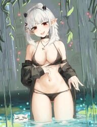1girl 1girls absurdres bikini black_bikini black_horns breasts cleavage cross cross_necklace dayshiart demon_girl demon_horns female grey_hair highres horns indie_virtual_youtuber jewelry long_hair looking_at_viewer lucy_pyre medium_breasts navel necklace open_mouth pointy_ears ponytail red_eyes solo swimsuit thighs tits virtual_youtuber vtuber water