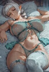 1girls ai_generated areolae_visible_through_clothing baldur's_gate_3 bedroom braided_hair dungeons_and_dragons elf_female green_eyes indoors lingerie looking_at_viewer lying_on_back lying_on_bed navel nipples_visible_through_clothing pointy_ears scar shadowheart solo stockings thong translucent_clothing white_hair wide_hips