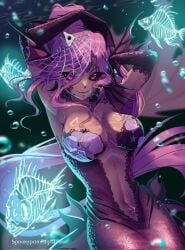 1girl 1girls armpits breasts cleavage commentary dark-skinned_female dark_skin english_commentary female fins fish_hook fish_skeleton head_fins highres indie_virtual_youtuber large_breasts long_hair merfolk mermaid monster_girl navel pink_eyes pink_hair roisin solo trickywi virtual_youtuber vtuber