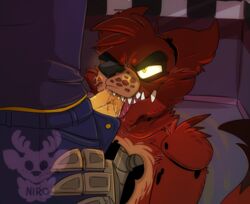 2015 animatronic anthro blowjob canine clothed clothing drooling duo erection eye_patch eyewear faceless_male fellatio five_nights_at_freddy's fox foxy_(fnaf) fur genitals glowing glowing_eyes human kneeling machine male male_only mammal night_guard_(fnaf) oral oral_penetration penetration penis penis_in_mouth red_fur robot saliva sex sharp_teeth smile teeth tongue tongue_out tongue_out_blowjob video_games xnirox yaoi yellow_eyes