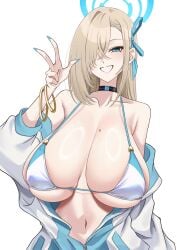 1girls asuna_(blue_archive) bangle bare_shoulders bikini blonde_hair blue_archive blue_eyes blue_halo bracelet breasts choker collarbone grin hair_over_one_eye hair_ribbon halo highres huge_breasts jacket jewelry long_hair looking_at_viewer mole mole_on_breast navel partially_unzipped ribbon smile solo suigetu26 swimsuit v very_long_hair white_bikini white_jacket