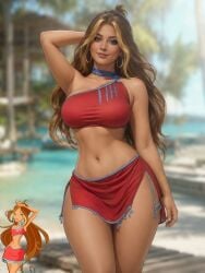 1girls aged_up ai_assisted ai_generated alternate_art_style alternate_costume armpit_crease armpits asymmetrical_clothes beach beige_hair belly_button blue_trim blurry_background busty caramel-skinned_female curvy_body different_artstyle earrings eyelashes eyeshadow fanart female flora_(winx_club) golden_hair grok halter_top hoop_earrings hourglass_figure long_hair looking_at_viewer midriff narrow_waist neck_accessory one_arm_behind_head outline realistic realistic_proportions red_clothing reference_inset rgomez007 seductive_look self_upload side_slit side_swept_bangs skirt slight_smile solo_female standing streaked_hair thick_lips thick_thighs tied_hair tropical warm_lighting wavy_hair wide_hips winx_club