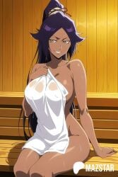 black_body bleach bleach:_sennen_kessen-hen bleach:_the_thousand-year_blood_war bleach_brave_souls cat_girl dark-skinned_female dark_skin female female_only half-dressed half_naked half_nude looking_at_viewer mazstar naked naked_female nude nude_female sauna seductive_smile semi_nude sitting tease violet_hair yoruichi yoruichi_shihouin