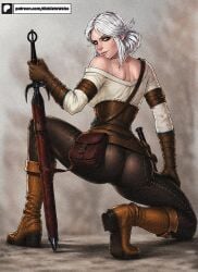 1girls 2d ass back_view brown_gloves bubble_butt cd_projekt_red ciri clothing female female_only freckles freckles_on_face gloves green_eyes high_heel_boots leather_gloves light-skinned_female light_skin looking_at_viewer looking_back mascara scar sirbanshee solo solo_female sword the_witcher_(series) the_witcher_3:_wild_hunt white_hair
