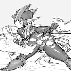 2boys anus ass balls blush bodysuit clothing femboy hair long_hair machine male mega_man mega_man_zero penis robot torn_clothing trap yaoi zero_(mega_man) ziz_(pantwo)