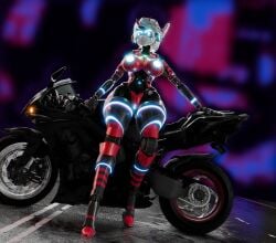 a.i.m.i_(aimizer0) aimizer0 alternate_color alternate_costume big_breasts cyberpunk glowing_eyes glowing_genitalia glowing_nipples glowing_pussy leaning_on_object motorcycle pinup red_body robot robot_girl thick_thighs white_hair