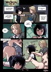 1futa 1girls ass atukatun black_hair blonde_hair blush comic dialogue female from_behind futa_on_female futanari gritted_teeth gwen_stacy peni_parker spider-man:_into_the_spider-verse spider-man_(series) text