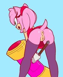 2015 amy_rose amy_rose_(boom) anthro anus ass bent_over bottomless clothed clothing female female_only fur furry furry_only green_eyes handwear headband hedgehog legwear mammal no_panties no_underwear open_mouth partially_clothed piko_piko_hammer pink_fur pussy rear_view skirt solo solo_female sonic_(series) sonic_boom tail thanu topwear upskirt