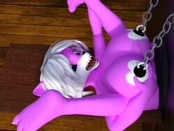 3d angry_cat big_breasts black_nipples blue_eyes bondage bound breast_grab breasts canine chains female fur glory_hole hair heart mammal nipple_piercing nipples piercing pink_fur public_use solo table through_wall white_hair wolf yuni_hermit