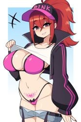 1girls big_breasts bikini blush clothes_lift commission eyebrows_visible_through_hair eyelashes female female_only hat hi_res high_ponytail j5daigada jacket long_hair looking_at_viewer ponytail pubic_tattoo purple_eyes red_hair shorts shorts_down smiling smiling_at_viewer solo tattoo