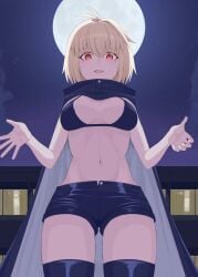 1girl absurdres alternate_costume antenna_hair arcueid_brunestud arms_at_sides black_bra black_cloak black_shorts black_thighhighs blonde_hair blush bra breasts building buttons city cloak cloud cosplay fang from_below full_moon hair_between_eyes hair_intakes highres hood hooded_cloak looking_at_viewer meph1l moon nanakusa_nazuna_(yofukashi_no_uta) navel night open_fly open_hands open_mouth red_eyes short_shorts shorts single_hair_intake sky smile solo species_connection star_(sky) starry_sky thick_thighs thighhighs thighs trait_connection tsukihime tsukihime_(remake) underwear vampire yofukashi_no_uta