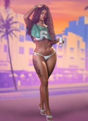 1girl 1girls bikini bikini_bottom bra_lines can curvy curvy_female curvy_figure grand_theft_auto grand_theft_auto_vi hoop_earrings mistery_3d mry shiny_skin solo solo_female solo_focus sweat sweatdrop sweaty sweaty_body tan_body tan_skin tank_top thick_ass thick_legs thick_thighs thong
