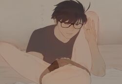 1boy 1girl 1girls ahoge arcueid_brunestud barefoot black_eyes black_hair black_panties black_shirt female female_pov fingering hair_between_eyes highres holding_another's_leg jewelry leodot looking_at_viewer male male_focus on_bed panties pov ring shirt short_hair smile solo_focus spread_legs straight t-shirt tohno_shiki translation_request tsukihime tsukihime_(remake) underwear wedding_ring