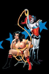 2girls amanda_conner armpit bare_shoulders batman_(series) belly black_hair blue_eyes bondage boots bracelet breasts comic_cover corset cosplay dc dc_comics eyeliner eyeshadow female goth harley_quinn harley_quinn_(cosplay) large_breasts lasso_of_truth legs lipstick long_hair makeup multicolored_hair multiple_girls navel nipples panties paul_mounts red_hair shoes socks tagme thighs third-party_edit tiara two_tone_hair white_skin wonder_woman wonder_woman_(cosplay) wonder_woman_(series)