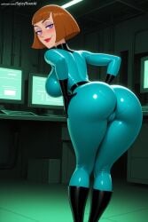 1girl ai_generated ass blue_eyes blush bob_cut bodysuit breasts brown_hair danny_phantom hi_res high_quality high_resolution large_breasts lips looking_at_viewer looking_back madeline_fenton patreon purple_eyes seductive sexy shiny shiny_clothes short_hair skin_tight solo spicytoonai standing uncensored watermark