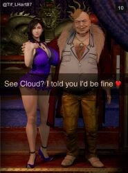 1boy 1girls 3d 3d_(artwork) 3d_render beautiful_female bedroom big_breasts black_hair blue_dress brick_render clothing curvaceous curvy curvy_female curvy_figure don_corneo english_text fat_male final_fantasy_vii final_fantasy_vii_remake gorgeous_female hi_res highres huge_breasts large_breasts light-skinned_female long_hair looking_at_viewer mature_male naughty_face older_male_and_younger_female square_enix tifa_lockhart ugly_bastard ugly_man video_game_character voluptuous voluptuous_female