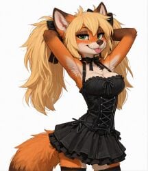 accessory ai_generated anthro armpit_tuft black_clothing blep blonde_hair bottomwear bow_ribbon bowtie breasts brown_body brown_fur canid canine chest_tuft cleavage clothed clothed_anthro clothed_female clothing corset_dress female female_anthro fox fur green_eyes hair hair_accessory hair_bow hair_ribbon hand_behind_head hi_res legwear looking_at_viewer mammal medium_breasts pleated_skirt ribbons simple_background skirt solo tongue tongue_out tuft white_background