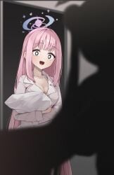 2girls absurdres black_eyes blue_archive blush breasts cleavage collarbone collared_shirt commentary_request hair_down halo highres holding holding_towel indoors kisaki_(blue_archive) large_breasts long_hair long_sleeves mika_(blue_archive) multiple_girls odod1228 open_mouth pink_hair pink_halo shirt silhouette smile solo_focus towel white_shirt