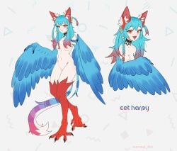 1girl absurdres animal_ears bird_legs black_choker blue_feathers blue_fur blue_hair blue_wings breasts cat_ears cat_girl cat_tail choker commentary commission english_commentary feathers fish_hair_ornament gradient_hair gradient_tail hair_ornament harpy highres lace lace_choker monster_girl multicolored_hair multiple_views nipples nude open_mouth original pussy red_fur small_breasts star_(symbol) star_hair_ornament tail talons twitter_username uncensored unreal_fish winged_arms wings