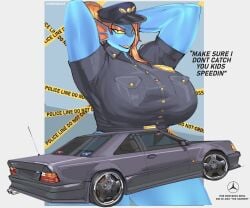 1girls background clothed clothed_female cop deltarune mercedes-benz pinup pinup_pose police police_uniform policewoman solo thick_thighs undertale undertale_(series) undyne undyne_(deltarune) voluptuous voluptuous_female