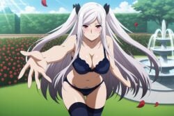 1girl ai_generated alexia_midgar black_panties black_thighhighs blue_bra blue_panties blush bra breasts cleavage collarbone day digitalwaifugallery female_pubic_hair flower fountain hi_res high_quality high_resolution large_breasts leaning_forward long_hair looking_at_viewer navel outdoors panties patreon petals pubic_hair red_eyes ribbon seductive sexy sky smile solo the_eminence_in_shadow thigh_gap thighhighs tree two_side_up uncensored underwear underwear_only very_long_hair watermark white_hair