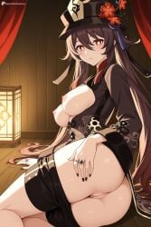 1girl ai_generated anus ass black_headwear black_nails black_shorts blush breasts breasts_out brown_hair chinese_clothes clothes_pull coat digitalwaifugallery flower flower-shaped_pupils genshin_impact hair_between_eyes hat hat_flower hi_res high_quality high_resolution hu_tao_(genshin_impact) jewelry long_hair long_sleeves looking_at_viewer medium_breasts multicolored_hair multiple_rings nail_polish nipples on_side open_clothes parted_lips patreon plum_blossoms porkpie_hat pussy red_eyes ring seductive sexy short_shorts shorts shorts_pull solo symbol-shaped_pupils thighs twintails twisted_torso uncensored very_long_hair watermark