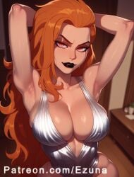 ai_generated armpits arms_behind_head big_ass big_breasts big_butt big_thighs blush dc dc_comics ezuna huge_ass huge_breasts huge_butt huge_thighs orange_eyes orange_hair silver_dress superheroine volcana_(dc) wanuze wide_hips