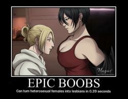 2girls annie_leonhardt asian asian_female attack_on_titan big_breasts black-haired_female black_hair blonde blonde-haired_female blonde-haired_male blonde_female boobs breasts mikannie mikasa_ackerman shingeki_no_kyojin yuri
