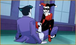 1boy 1girls animated_recharger batman:_the_animated_series batman_(series) bodysuit dc dc_comics dcau female handjob harley_quinn harley_quinn_(classic) joker male pale-skinned_male penis penis_out pubic_hair straight the_joker