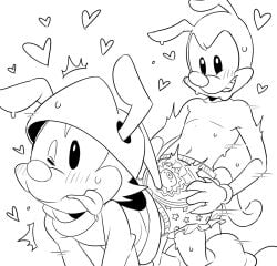 2boys animaniacs anthro anthro_on_anthro belly_button blush blushing bulge bulge_through_clothing cub gay heart_symbol pants sex shirt shirtless underwear wakko_warner warner_brothers yakko_warner yaoi