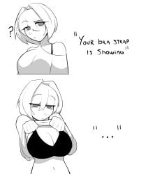 ... 1girl 2koma ? arcueid_brunestud asymmetrical_clothes blush bra bra_strap breasts cleavage clothes_lift comic confused english_text flashing hair_intakes head_tilt highres large_breasts lifting_own_clothes lineart meme monochrome navel off_shoulder short_hair single_bare_shoulder sugoiiii_ tsukihime underwear white_background your_bra_strap_is_showing_(meme)