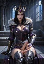 1futa ai_generated balls black_hair breasts cleavage futanari morgan_le_fay_(smite) penis purple_eyes smite sparcy testicles