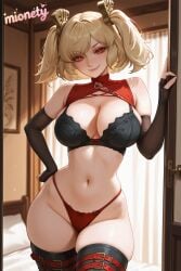 1girl ai_generated artist_name bare_shoulders bed belt black_bra black_gloves black_thighhighs blonde_hair bra breasts burnice_white cleavage cleavage_cutout closed_mouth clothing_cutout cowboy_shot curtains curvy_futa elbow_gloves fingerless_gloves gloves groin hand_on_own_hip highleg highleg_panties indoors lace-trimmed_bra lace_trim large_breasts lingerie lips looking_at_viewer mionety navel panties red_eyes red_panties ribbon short_hair skindentation sleeveless smile solo standing stomach thigh_strap thighhighs thighs twintails underwear wide_hips zenless_zone_zero