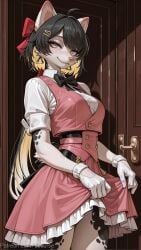 1girl ahoge ai_generated animal_ears animal_nose bangs black_bow black_bowtie black_fur black_hair blonde_hair body_fur bow bowtie breasts buttons closed_mouth clothes_lift collared_shirt colored_inner_hair cowboy_shot decurse door earrings female_rover_(wuthering_waves) frills furry furry_female gloves hair_bow hair_ornament hairclip jewelry lifted_by_self looking_at_viewer multicolored_hair red_bow shirt short_hair short_sleeves skirt smile solo swept_bangs two-tone_hair vest white_gloves white_shirt wuthering_waves yellow_eyes