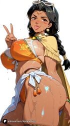 1girl :p ai_generated artist_name ass bikini black_hair blizzard_entertainment blush bracelet braid breasts brown_eyes covered_nipples dark-skinned_female dark_skin earrings eyewear_on_head illari_(overwatch) illari_quispe_ruiz jewelry large_breasts lips long_hair looking_at_viewer official_alternate_costume overwatch overwatch_2 patreon poolside_illari questionable sarong senpai_pixels sensitive sideboob simple_background skindentation smile solo summer_games_series sunglasses sweat swimsuit tan thick_thighs thighs tongue tongue_out twin_braids v wet white_background
