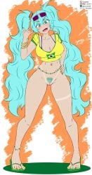 1girl 1girls aqua_eyes aqua_hair belly_button brazilian brazilian_flag brazilian_miku breasts digital_media_(artwork) exhibitionism exposed_pussy fangs female_only genitals hatsune_miku jhonnyrex large_breasts looking_at_viewer no_panties open_mouth oppai patreon_username pubic_hair pussy pussy_peek sandals simple_background sunglasses sunglasses_on_head tan_body tanlines thick_thighs twintails vagina vocaloid waifu