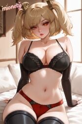 1girl ai_generated arm_support artist_name bare_shoulders bed black_bra black_gloves black_panties black_thighhighs blonde_hair blurry_(oc) blush bow bow_panties bra breasts burnice_white cleavage collarbone cowboy_shot elbow_gloves fingerless_gloves gloves hair_ornament indoors lace-trimmed_bra lace-trimmed_panties lace_trim large_breasts lingerie lips looking_at_viewer mionety navel on_bed orange_eyes panties parted_lips pillow red_eyes red_panties short_hair sitting skindentation solo stomach thighhighs thighs twintails underwear underwear_only window zenless_zone_zero