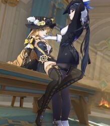 2girls 3d blonde_hair clorinde_(genshin_impact) dab_neko female/female female_only genshin_impact grinding hoyoverse long_hair mihoyo navia_(genshin_impact) ringlets roninsune tribadism yuri