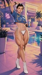 ai_generated chun-li cosplay crop_top crossover crossover_cosplay female female_only female_torso glasses grand_theft_auto_vi rockstar_games shirt_lift shirt_up street_fighter tattoos thick_thighs thong vice_city_cover_girl watermark white_thong wide_hips