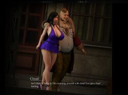 1boy 1girls 3d 3d_(artwork) 3d_render beautiful_female big_breasts black_hair blue_dress brick_render curvaceous curvy curvy_female curvy_figure dialogue don_corneo english_text fat_male final_fantasy_vii final_fantasy_vii_remake gorgeous_female hi_res highres huge_breasts large_breasts light-skinned_female long_hair mature_male naughty_face older_male_and_younger_female square_enix tifa_lockhart ugly_bastard ugly_man video_game_character voluptuous voluptuous_female walking